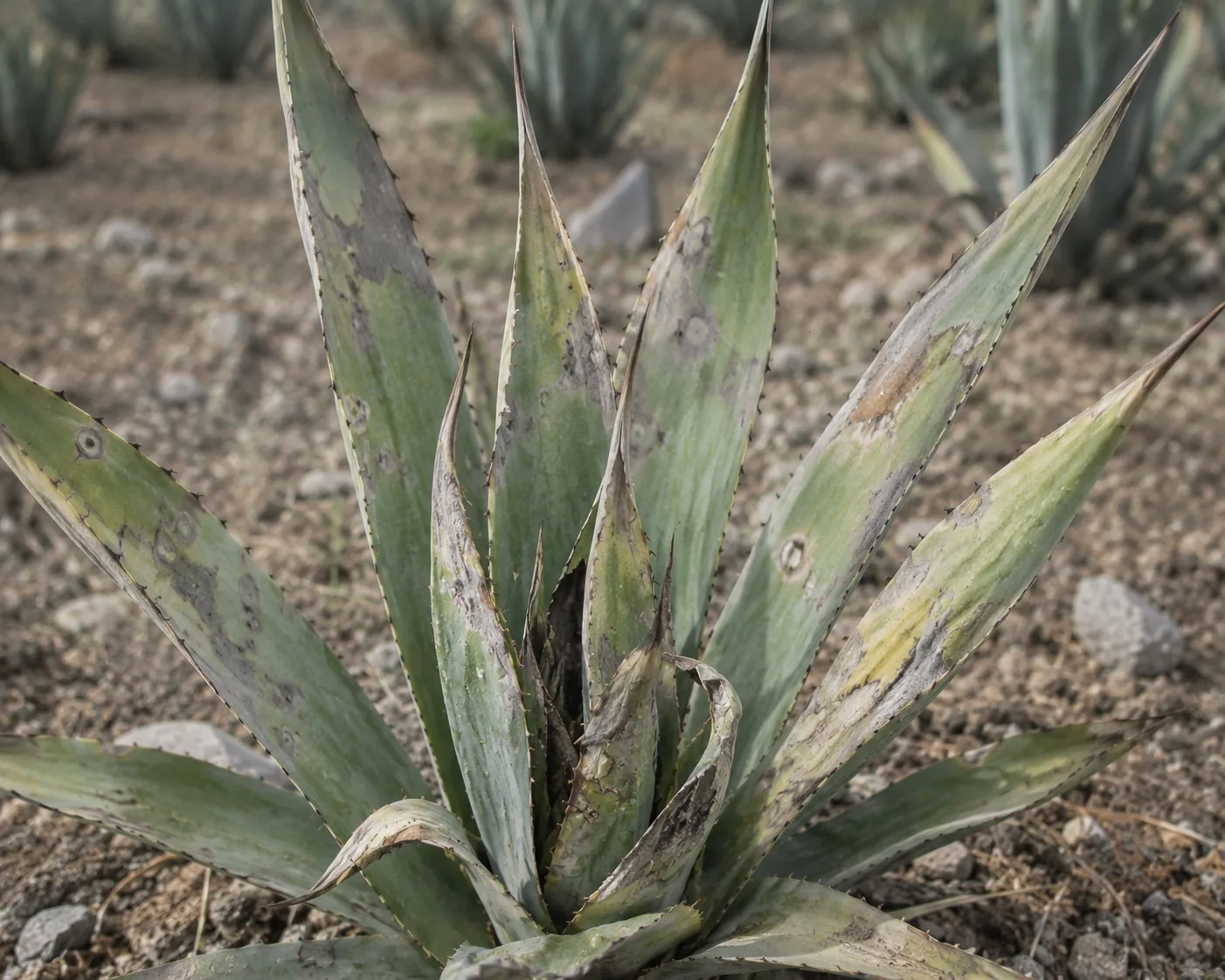 Penca de agave con mancha gris: manchas grisáceas que se extienden sobre el tejido