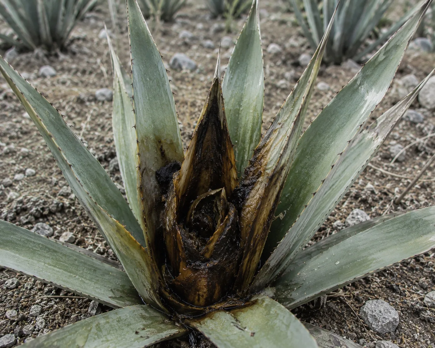Agave con pudrición del cogollo: tejido central ennegrecido y húmedo