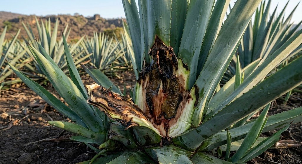Base del agave con clavo: lesión abierta donde se separó el hijuelo