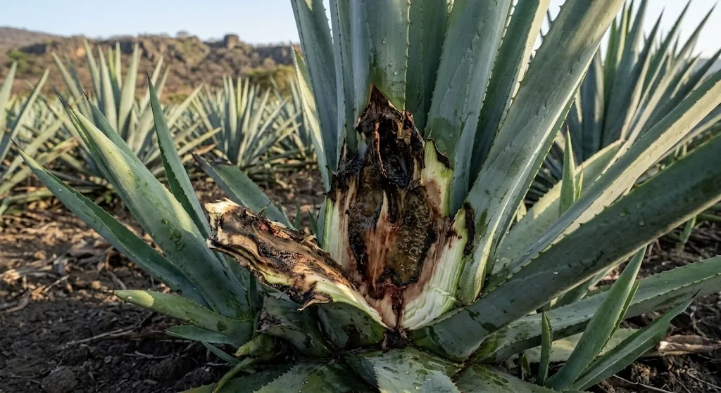 Base del agave con clavo: lesión abierta donde se separó el hijuelo