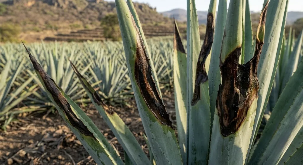 Hojas de agave con mancha marginal: pudrición oscura en los bordes