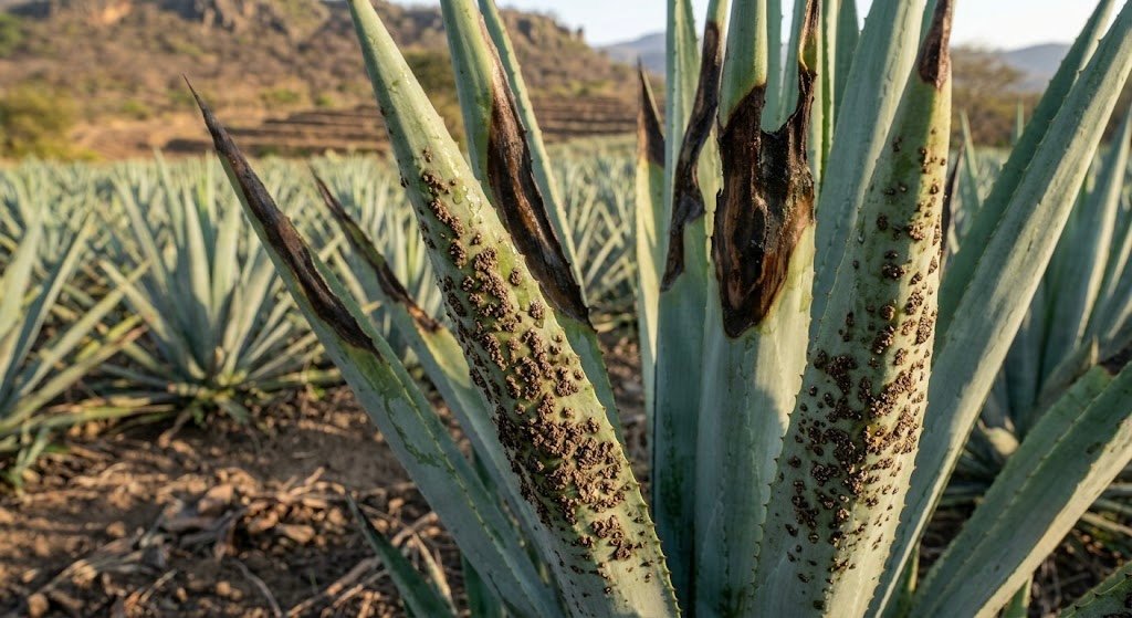 Pencas de agave con roña o sarna: costras ásperas y oscuras en la base