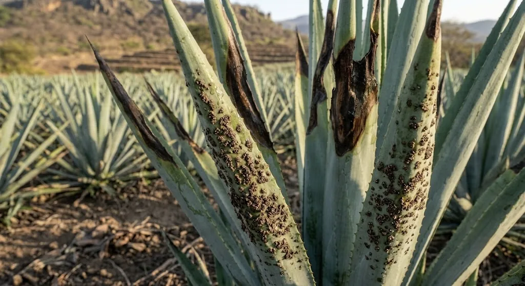 Pencas de agave con roña o sarna: costras ásperas y oscuras en la base