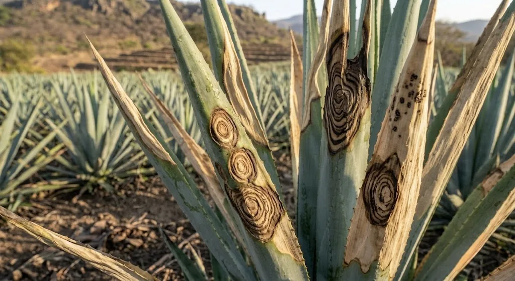 Hoja de agave con antracnosis: manchas hundidas en círculos concéntricos