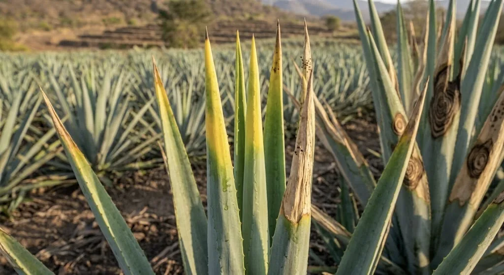 Puntas de hojas nuevas de agave secas y amarillentas por punta seca