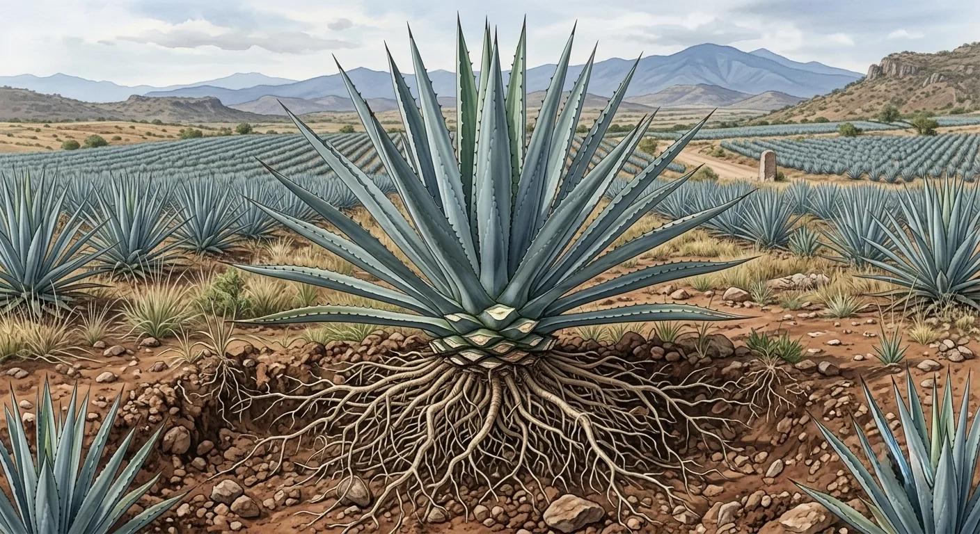 Planta de agave azul con su sistema radicular expuesto en un campo abierto de Guanajuato