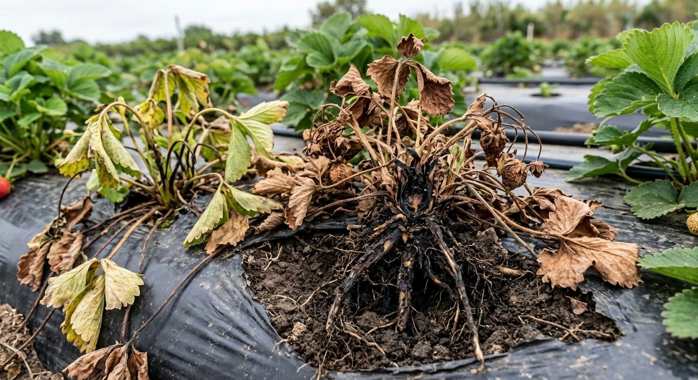 Planta de fresa con secadera: marchitez total y corona ennegrecida sobre acolchado