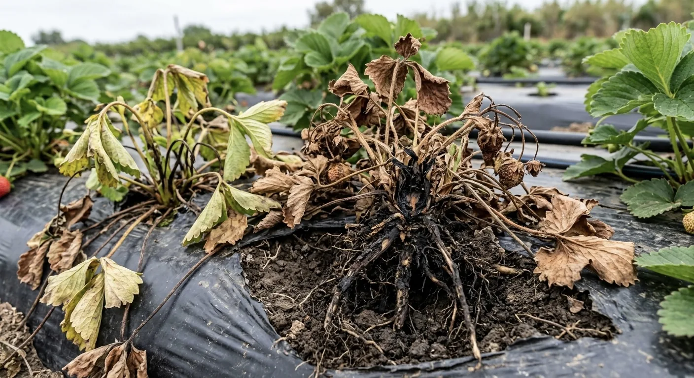 Planta de fresa con secadera: marchitez total y corona ennegrecida sobre acolchado