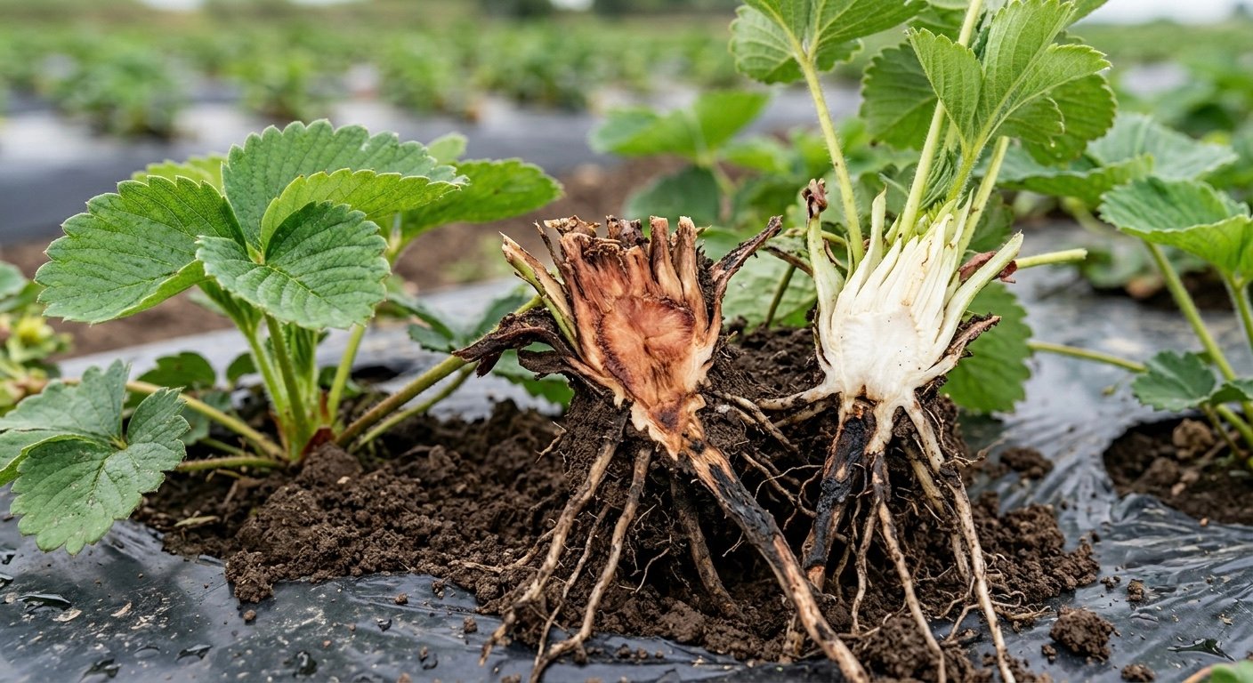 Coronas de fresa comparadas: una con pudrición coriácea de color café y otra sana blanca