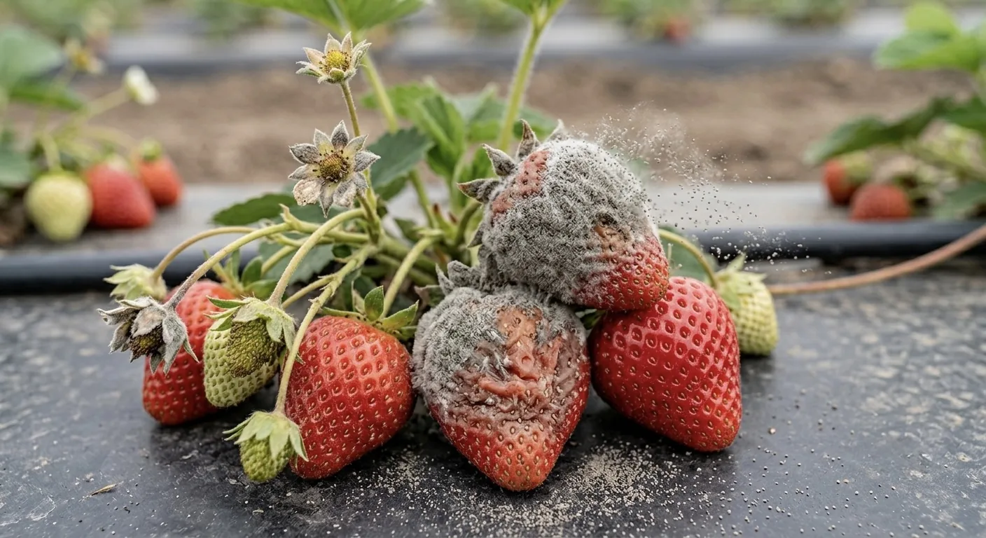 Fresas con moho gris: pudrición blanda cubierta de vellosidad grisácea