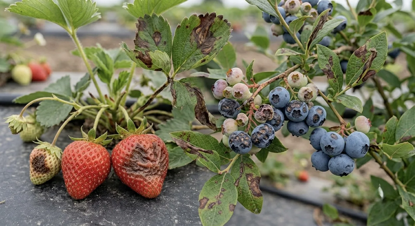 Fresa y arándano con antracnosis: lesiones oscuras y hundidas en el fruto