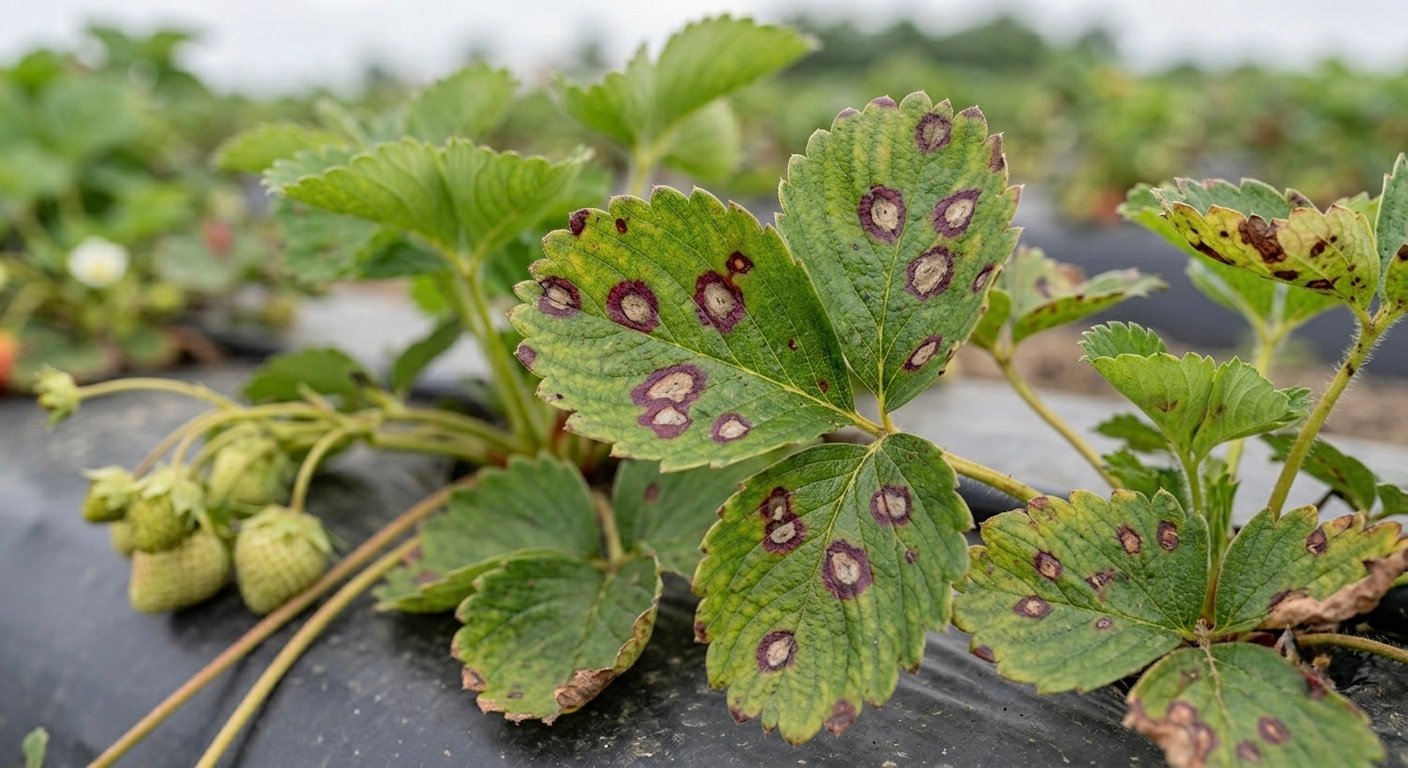 Hojas de fresa con mancha común: manchas púrpura con centro claro
