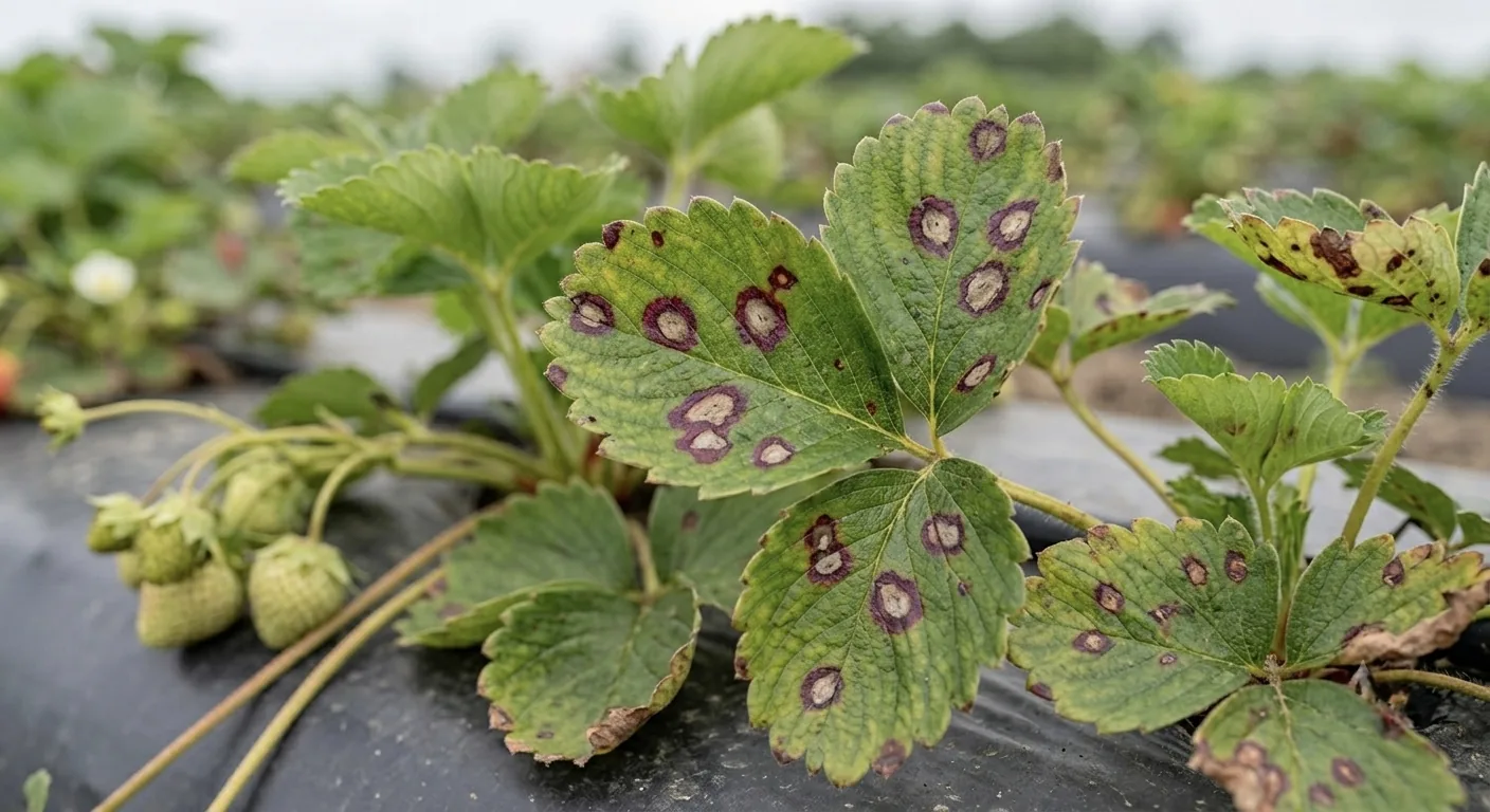 Hojas de fresa con mancha común: manchas púrpura con centro claro