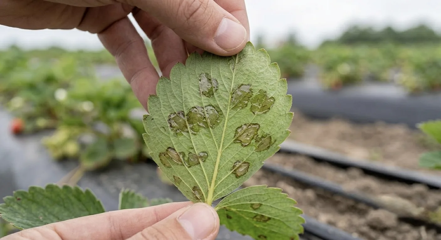 Hoja de fresa a contraluz con mancha angular bacteriana: lesiones translúcidas y aceitosas
