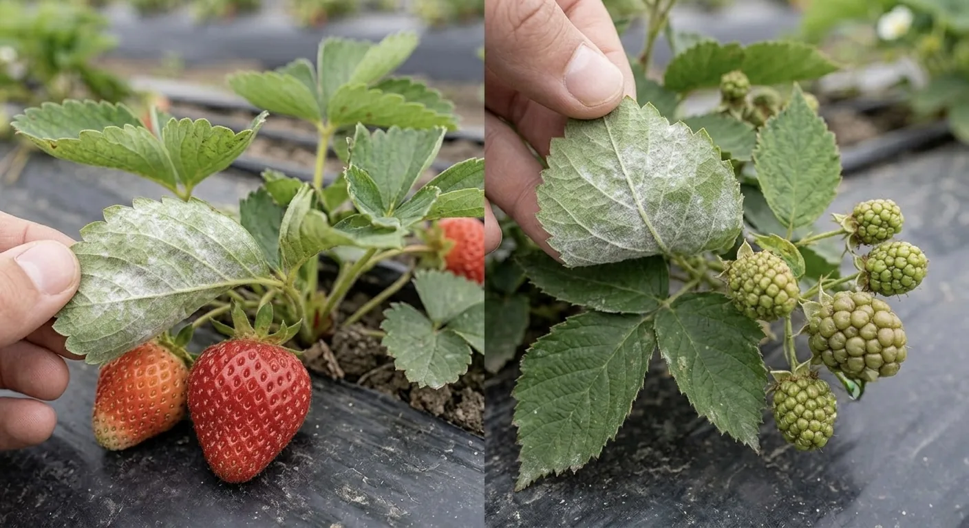 Hojas de fresa y zarzamora con cenicilla: polvo blanco sobre la superficie