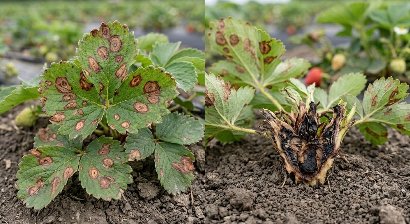 Fresa con mancha foliar y pudrición de corona por patógeno emergente