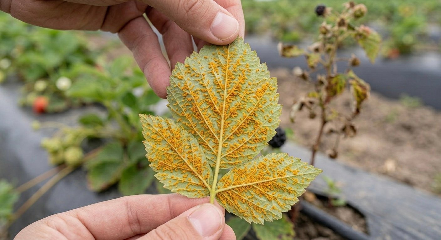 Hoja de frambuesa o zarzamora con roya: pústulas anaranjadas en el envés