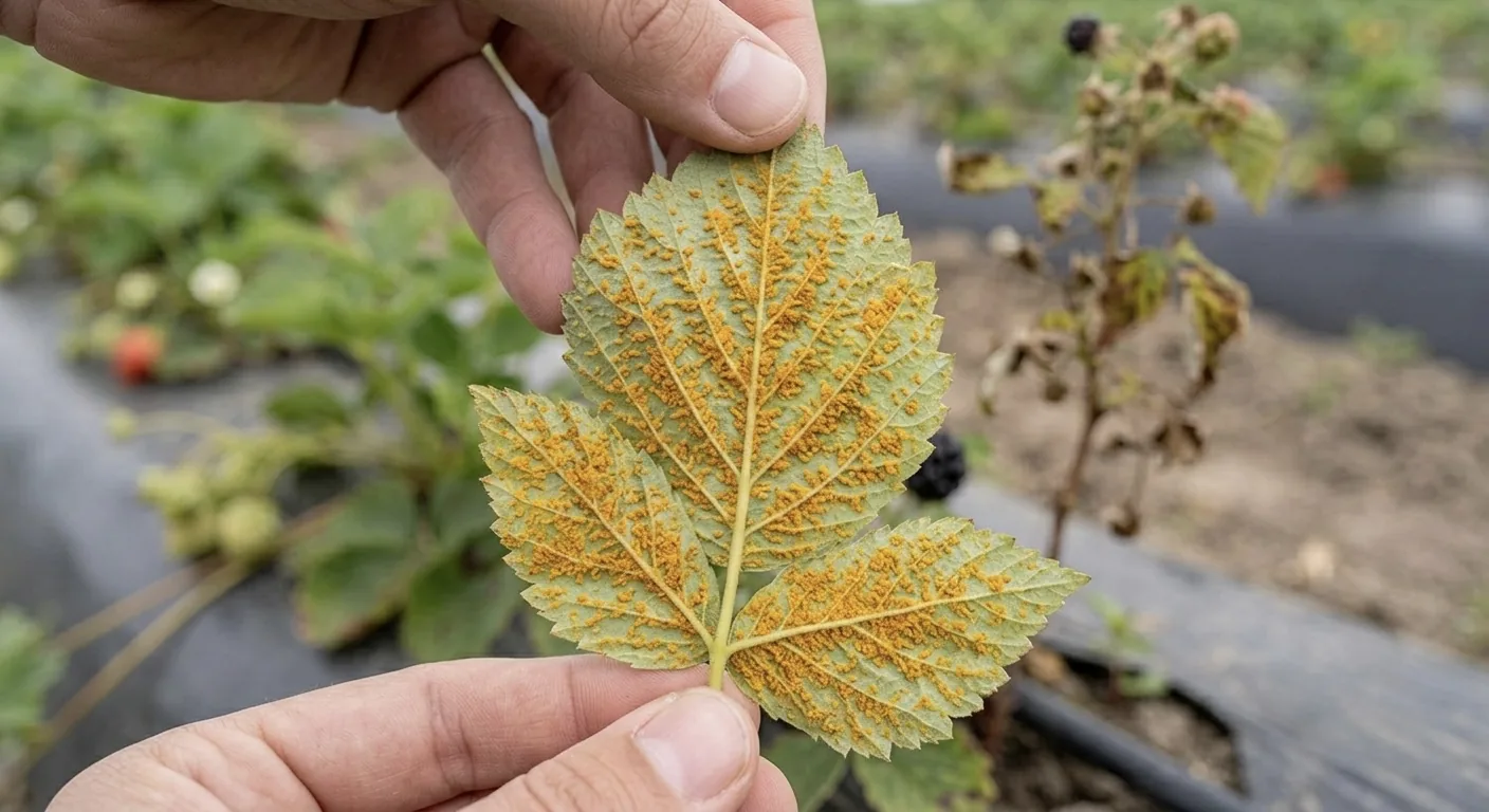 Hoja de frambuesa o zarzamora con roya: pústulas anaranjadas en el envés