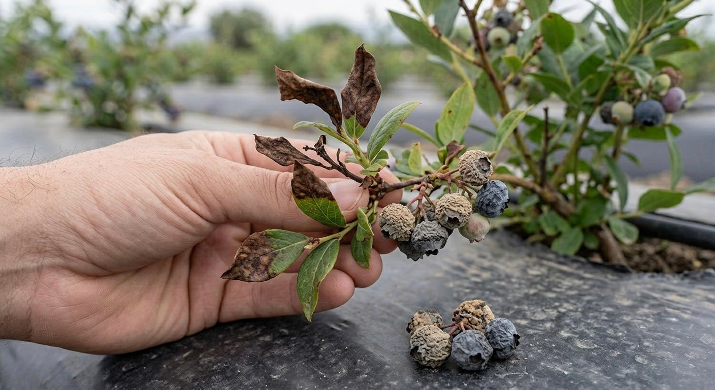 Rama de arándano con momia: frutos momificados y endurecidos junto a hojas quemadas