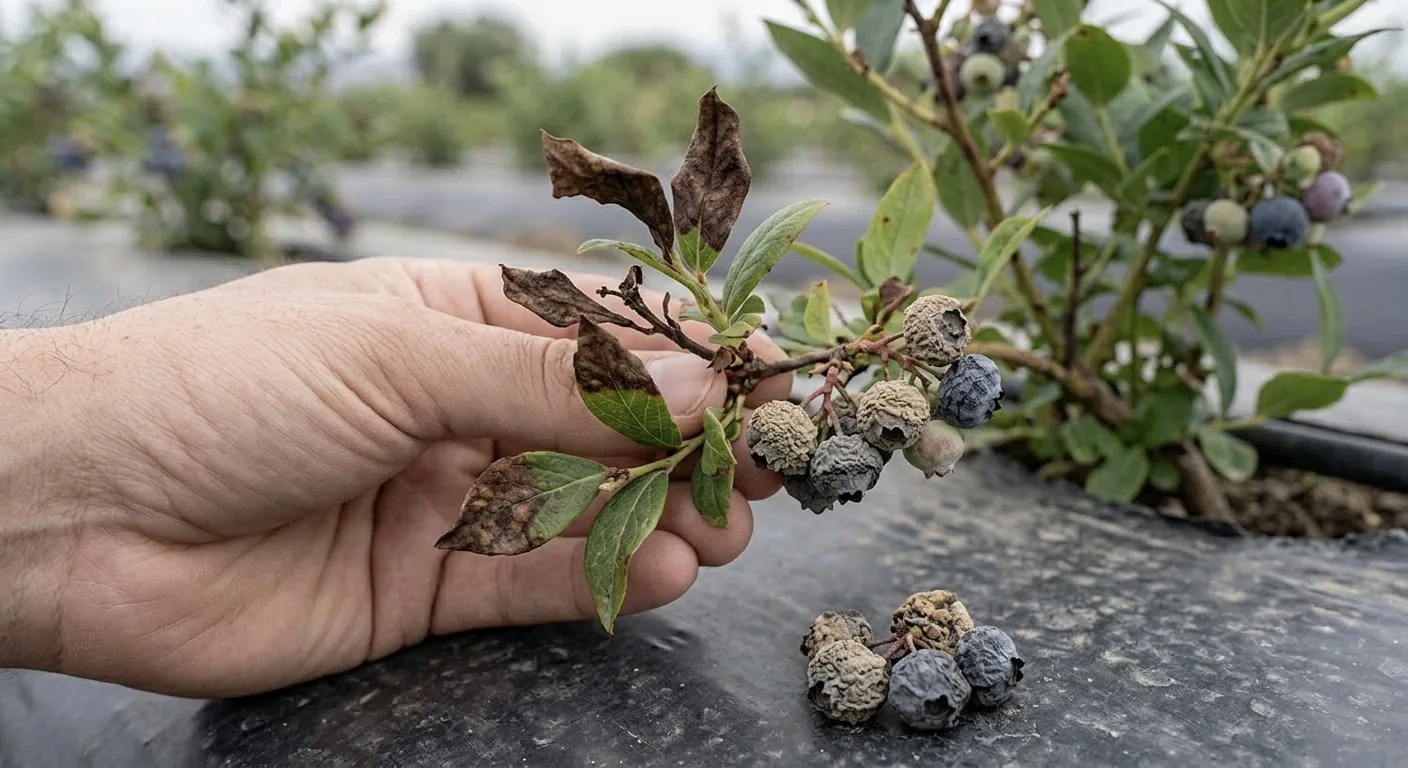 Rama de arándano con momia: frutos momificados y endurecidos junto a hojas quemadas
