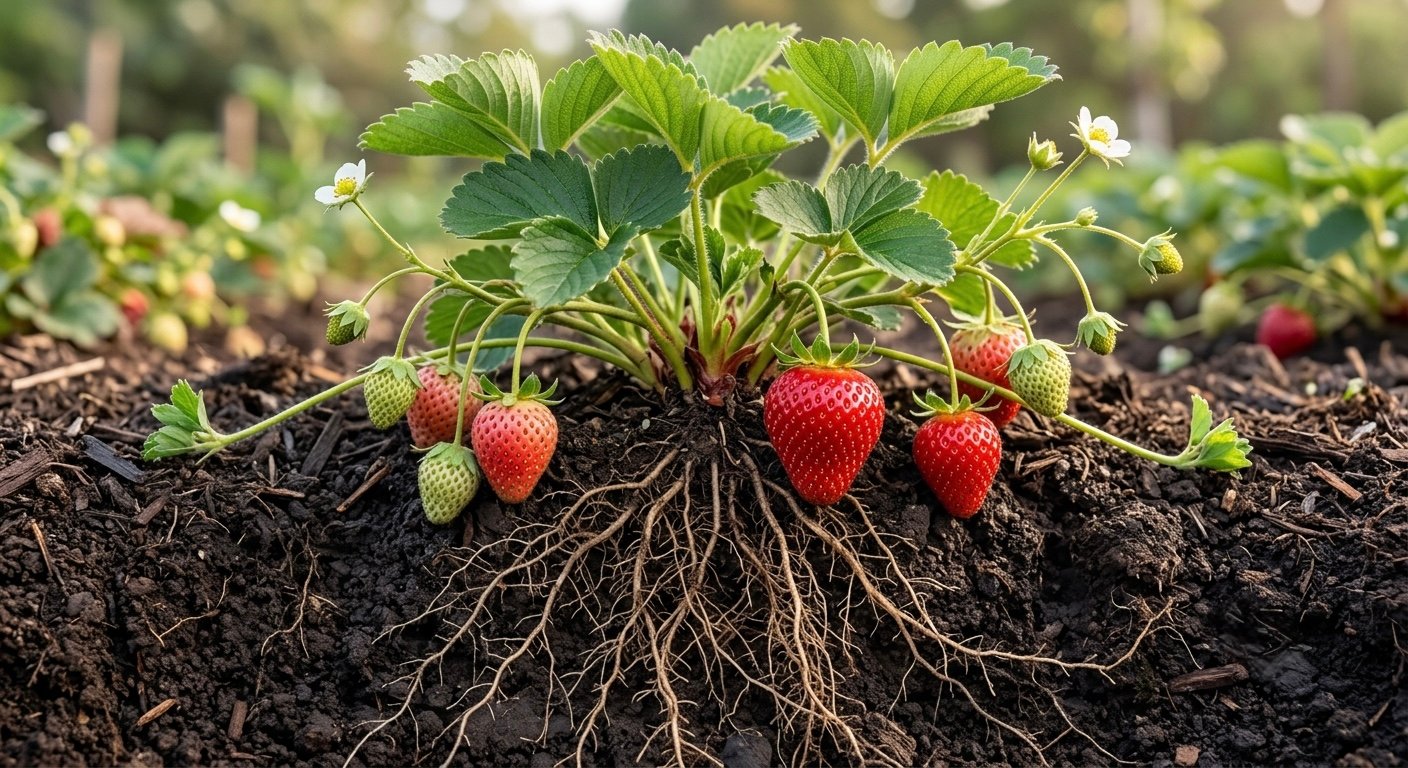Planta de fresa sana con fruto y sistema radicular expuesto en el suelo