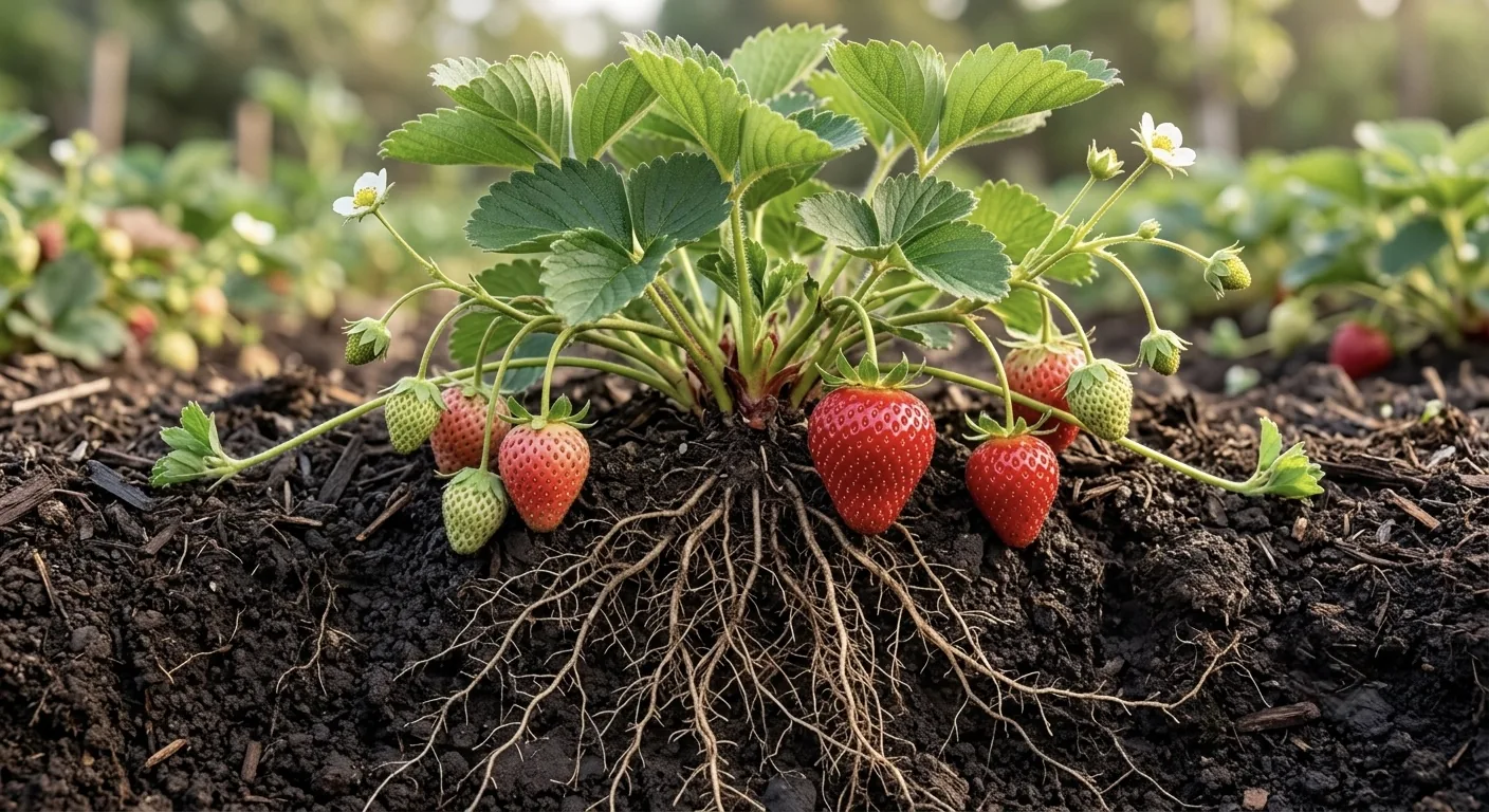 Planta de fresa sana con fruto y sistema radicular expuesto en el suelo