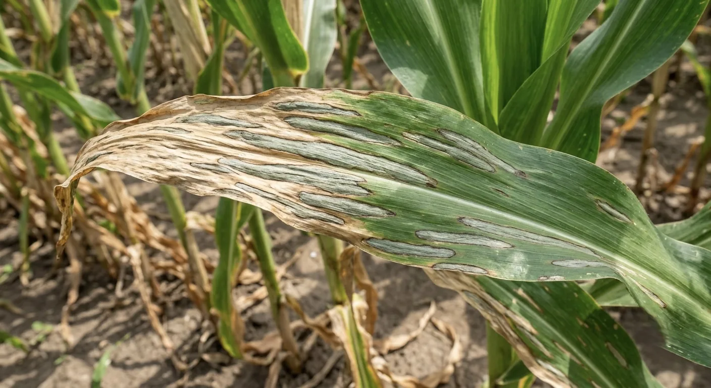 Hoja de maíz con tizón foliar: lesiones alargadas de color gris verdoso