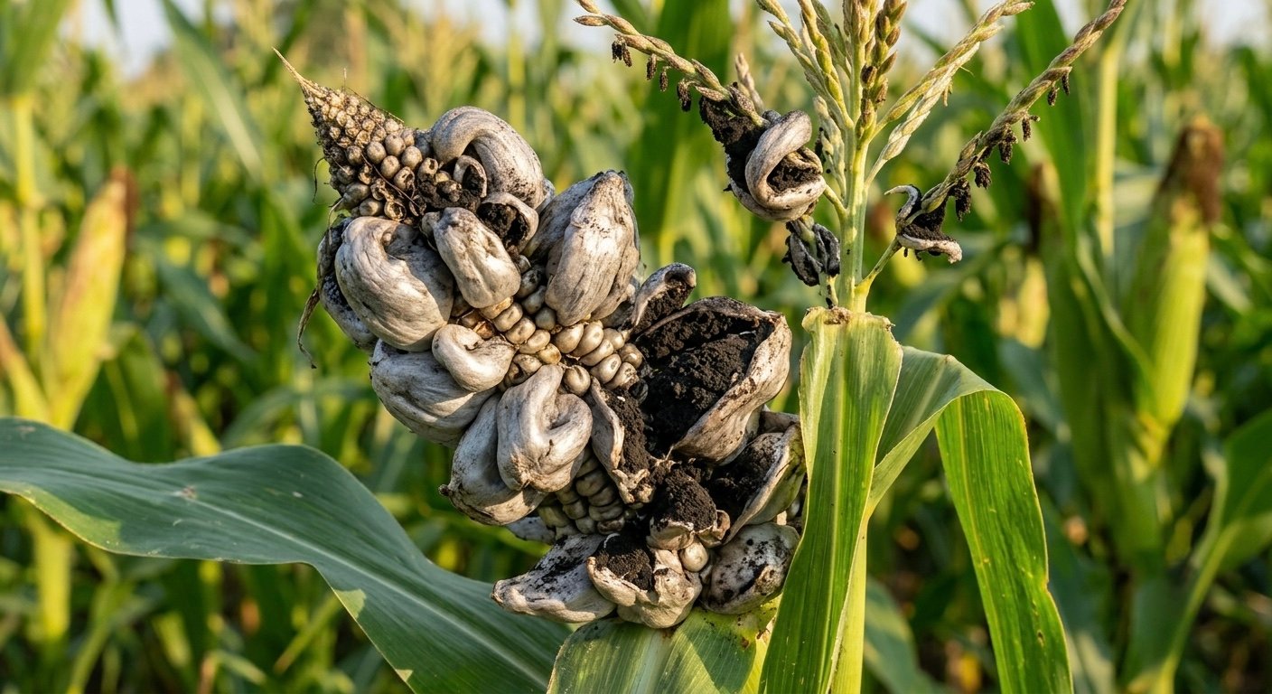 Mazorca de maíz con carbón: agallas grises que revientan en polvo negro
