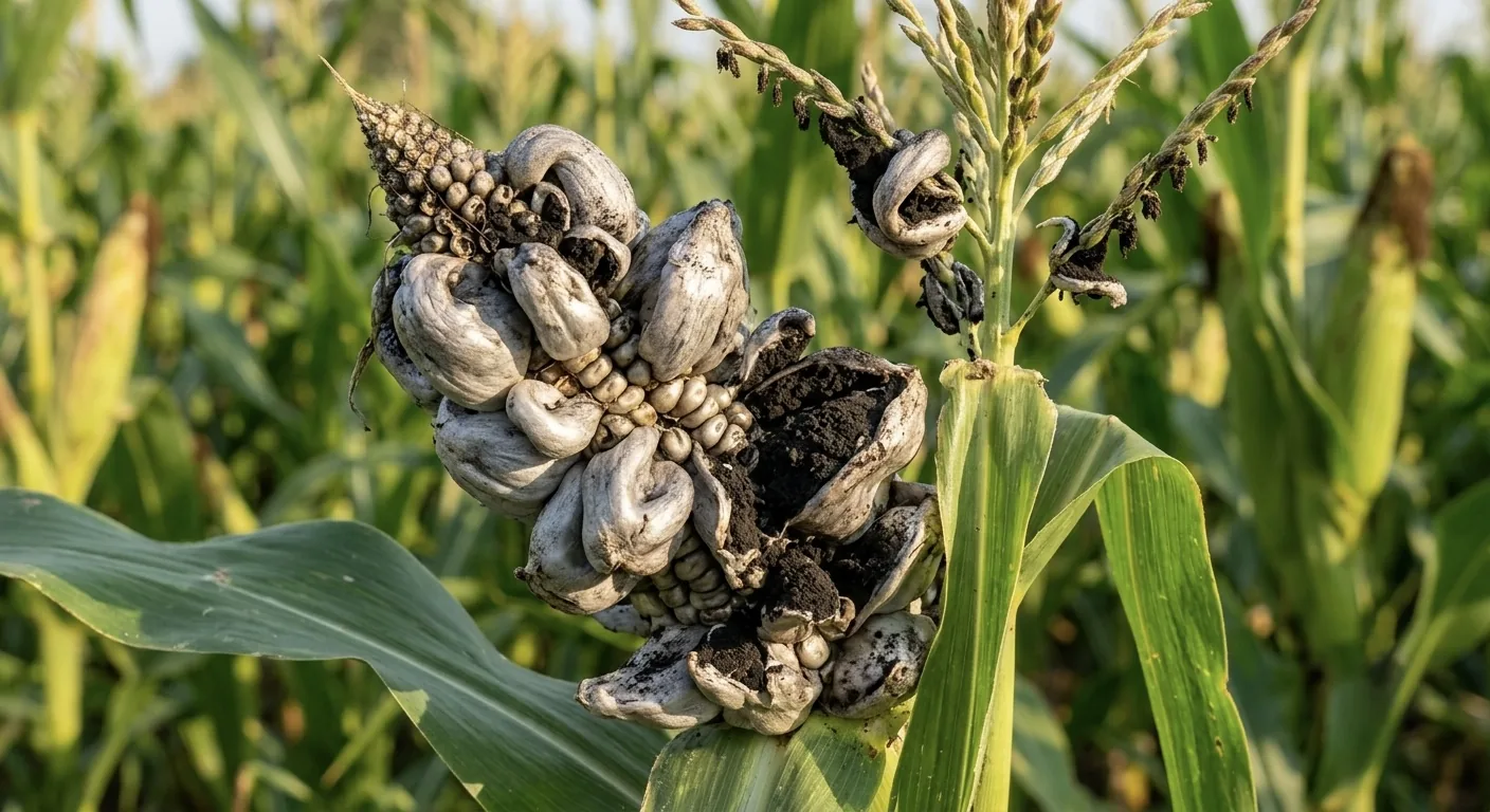 Mazorca de maíz con carbón: agallas grises que revientan en polvo negro