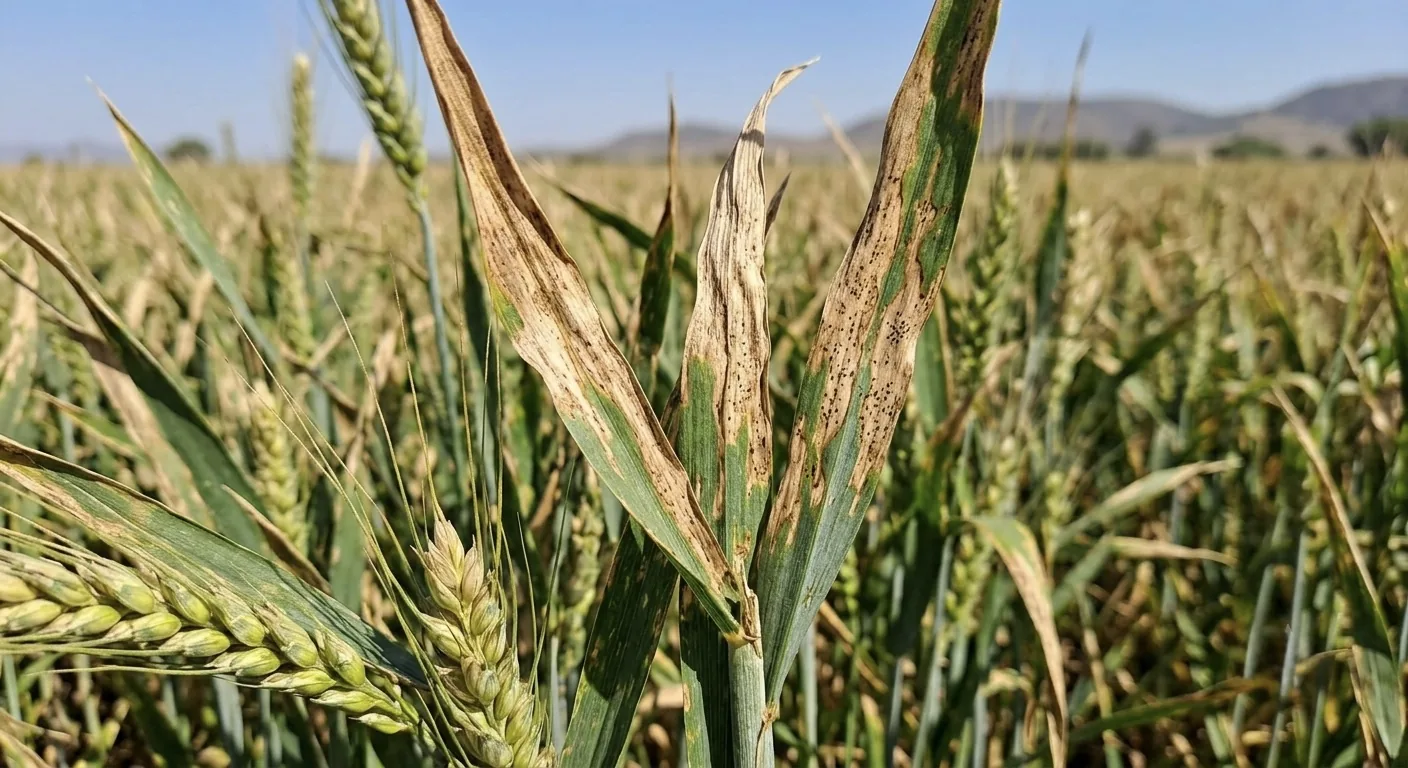 Hojas de trigo con manchas foliares: lesiones cafés y necrosis avanzando desde la punta
