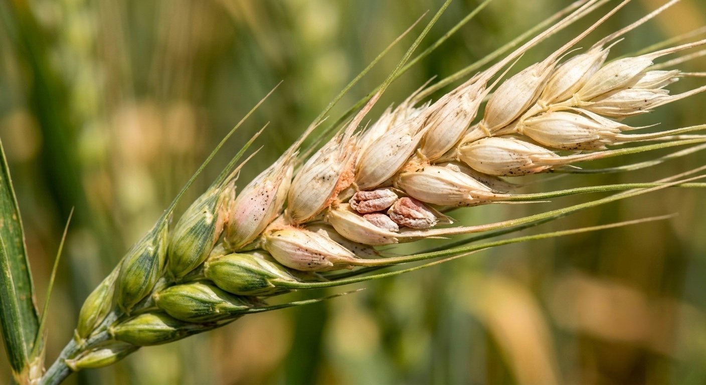 Espiga de trigo con fusariosis: espiguillas decoloradas y granos teñidos de rosa