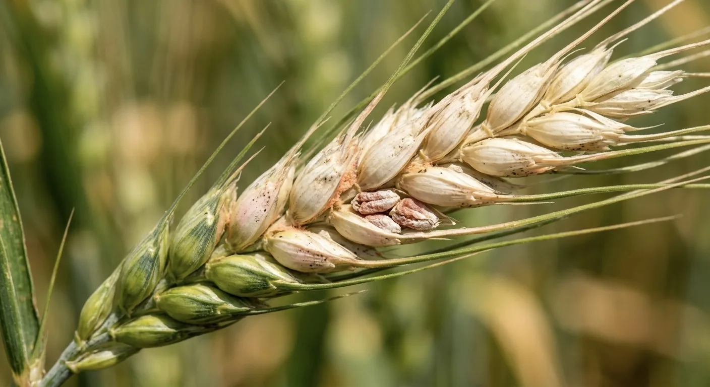 Espiga de trigo con fusariosis: espiguillas decoloradas y granos teñidos de rosa