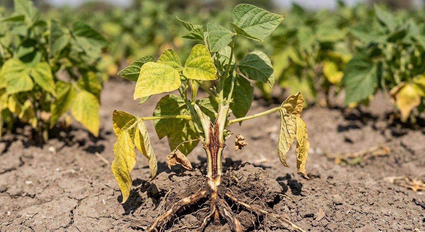 Planta de frijol con marchitez por Fusarium: amarillamiento y base del tallo teñida de café rojizo