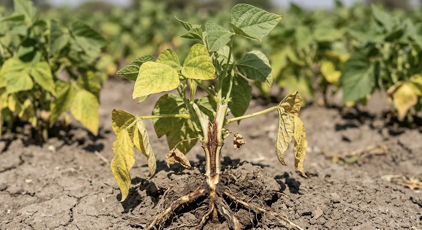 Planta de frijol con marchitez por Fusarium: amarillamiento y base del tallo teñida de café rojizo