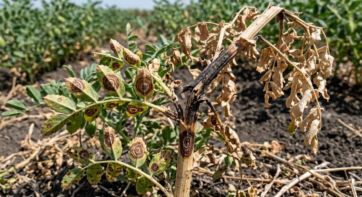 Planta de garbanzo con rabia: lesiones de anillos concéntricos en hoja y tallo ennegrecido