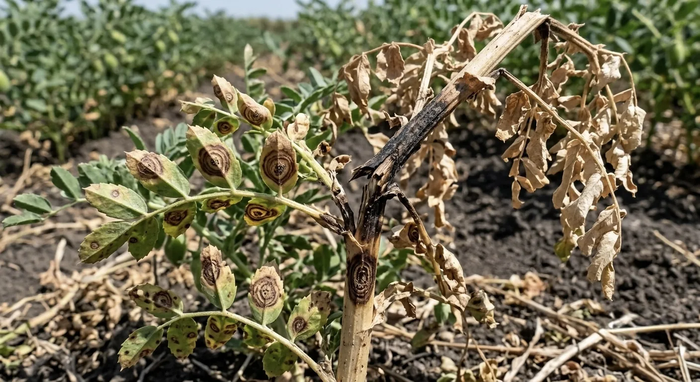 Planta de garbanzo con rabia: lesiones de anillos concéntricos en hoja y tallo ennegrecido