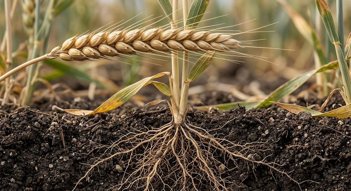 Planta de trigo con espiga y sistema radicular expuesto en el suelo