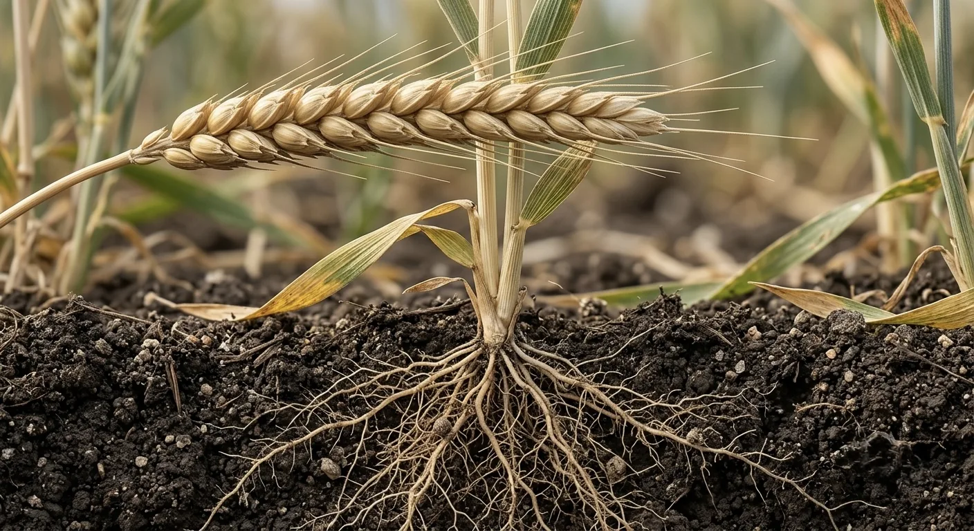 Planta de trigo con espiga y sistema radicular expuesto en el suelo