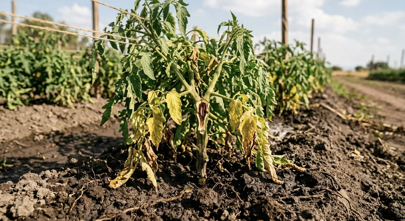 Planta de jitomate con marchitez por Fusarium: amarillamiento y marchitez desde las hojas bajas