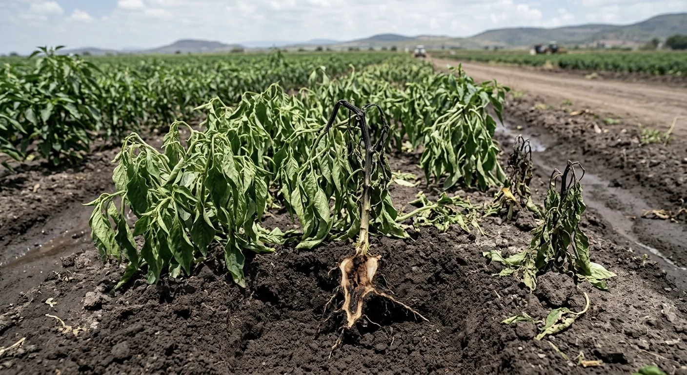 Planta de chile con secadera: marchitez súbita y raíz principal ennegrecida