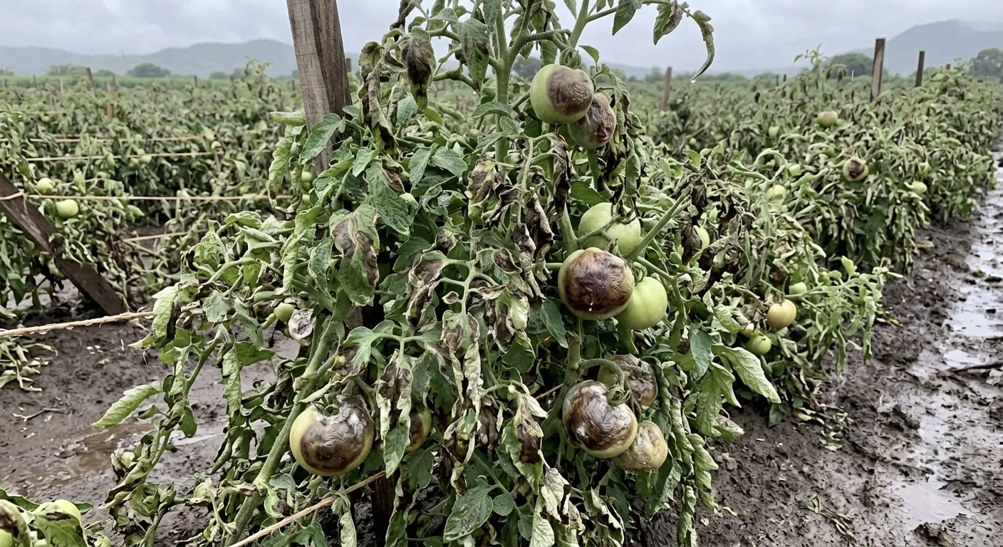 Jitomate con tizón tardío: frutos con pudrición parda y follaje quemado