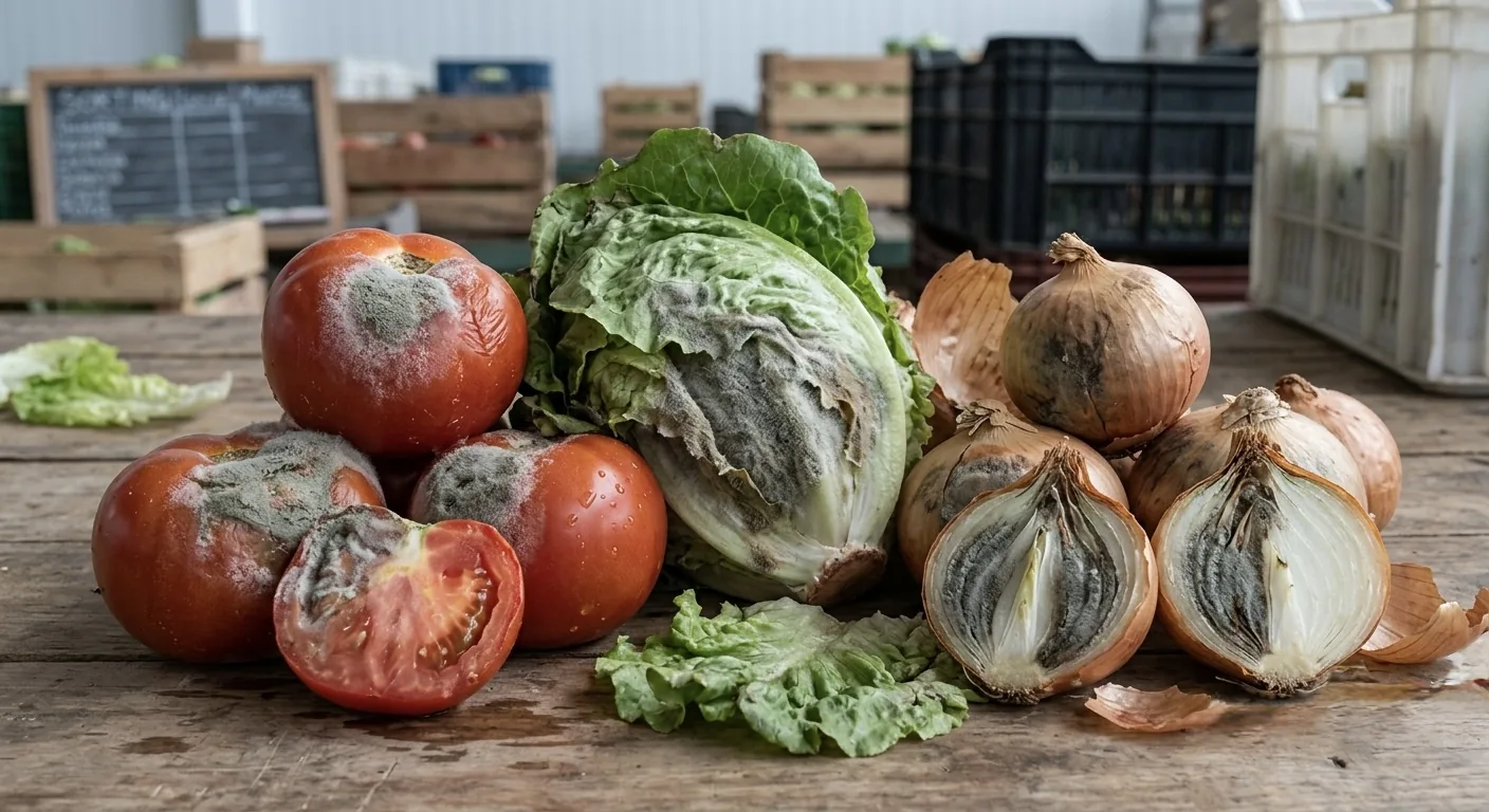 Jitomate, lechuga y cebolla con moho gris: pudrición cubierta de vellosidad grisácea
