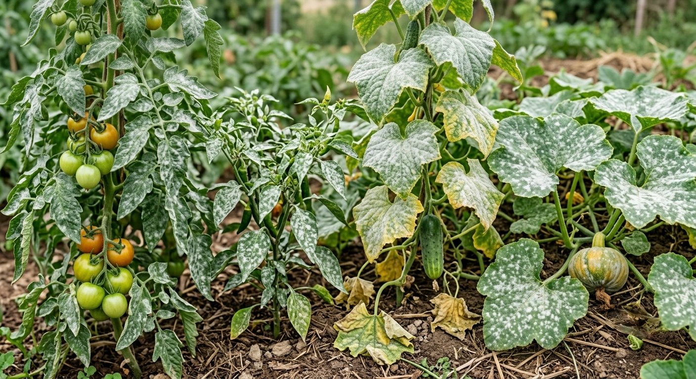 Hortalizas con cenicilla: polvo blanco cubriendo el follaje de jitomate, pepino y calabaza