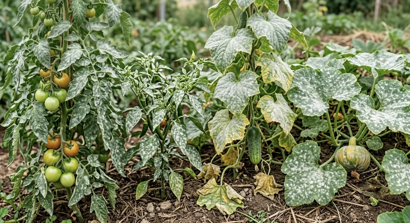 Hortalizas con cenicilla: polvo blanco cubriendo el follaje de jitomate, pepino y calabaza