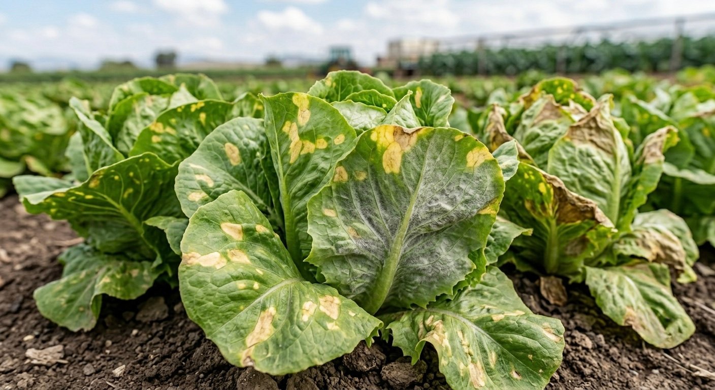 Lechuga con mildiú velloso: manchas amarillas y vellosidad grisácea en el envés