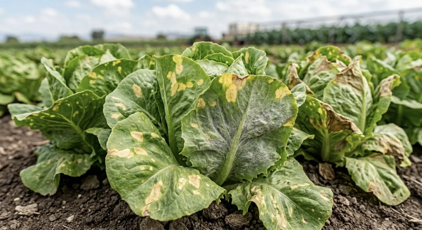 Lechuga con mildiú velloso: manchas amarillas y vellosidad grisácea en el envés