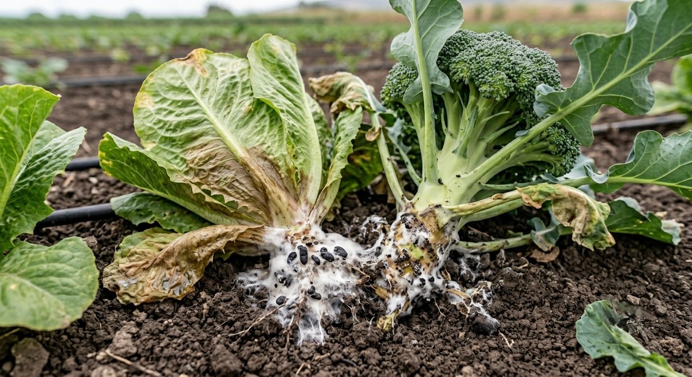 Lechuga y brócoli con pudrición blanca: micelio algodonoso y esclerocios negros en la base