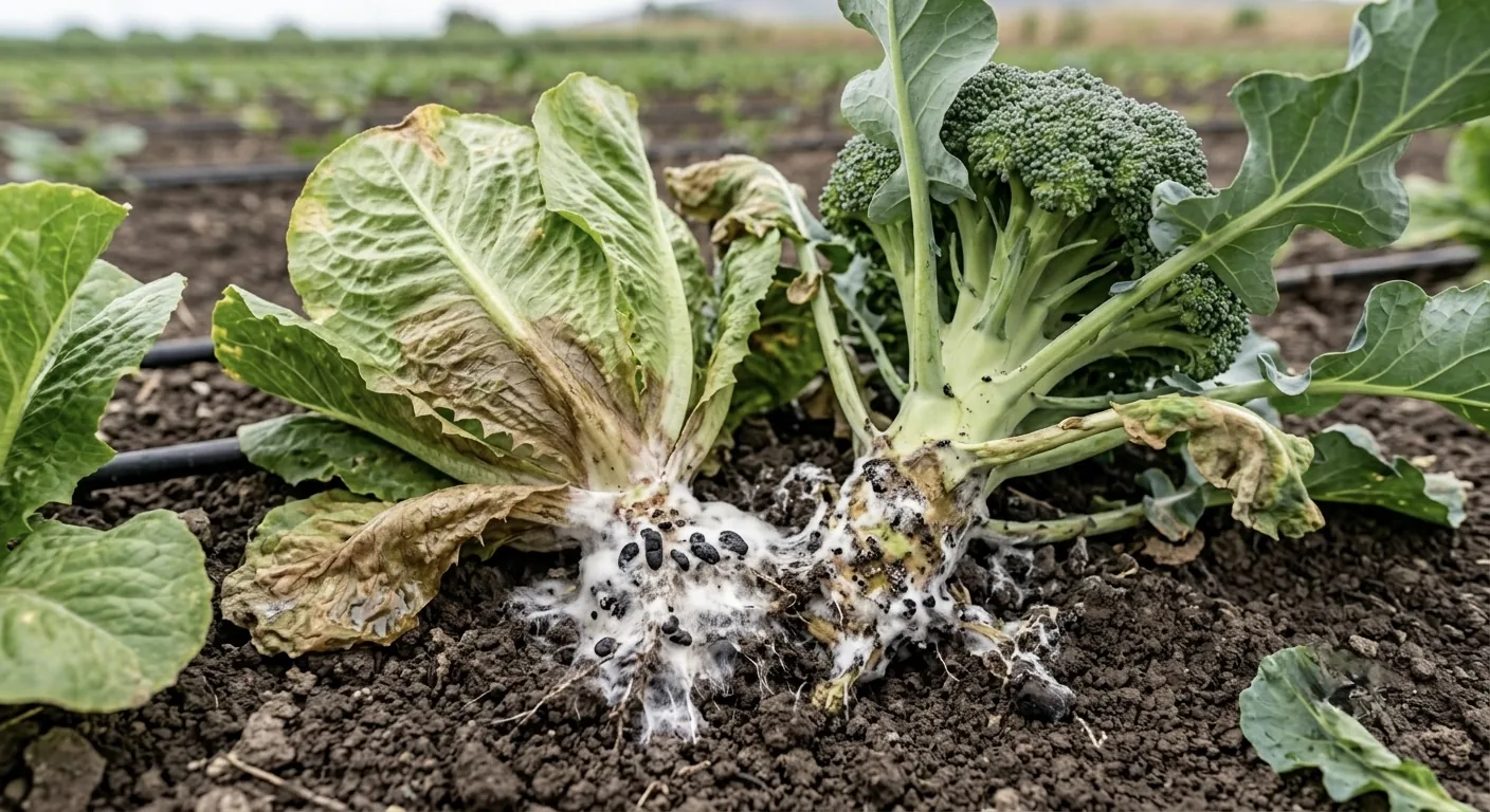Lechuga y brócoli con pudrición blanca: micelio algodonoso y esclerocios negros en la base