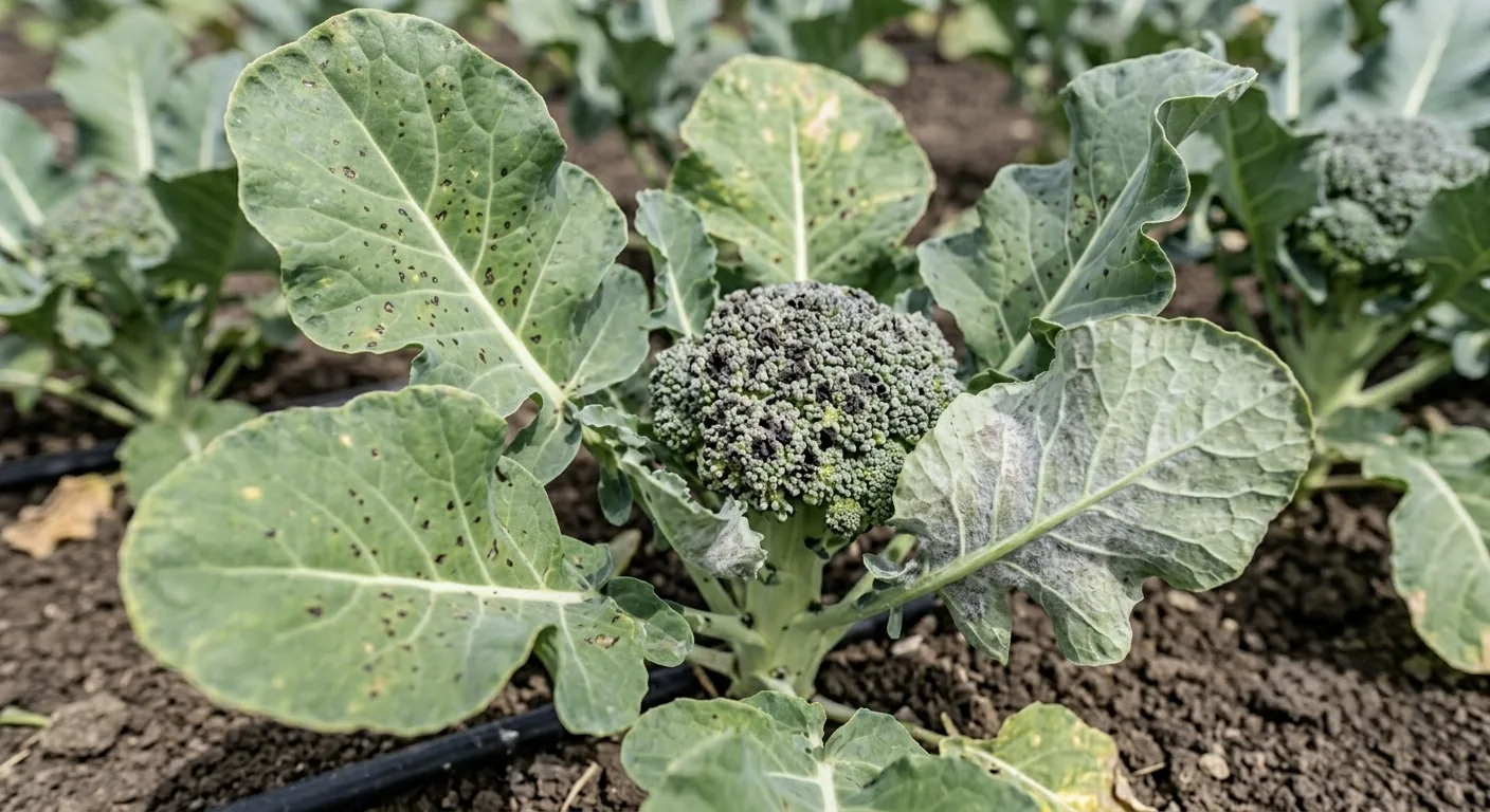 Brócoli con mildiú y mancha negra: manchas oscuras y vellosidad en hojas y pella