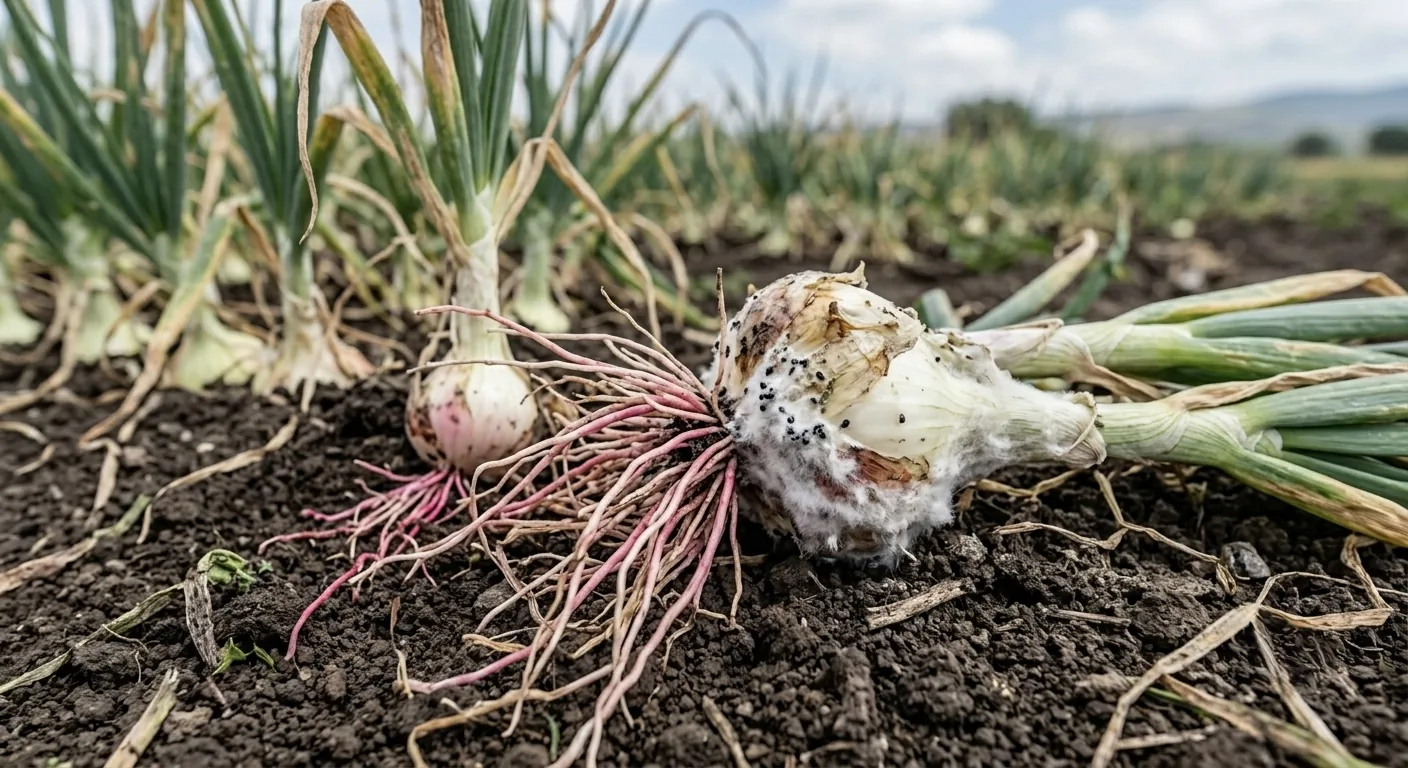 Cebolla con pudrición blanca y raíz rosada: micelio blanco, esclerocios y raíces teñidas